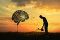 A silhouette of a man waters a tree that resembles a human brain, highlighting the concept of nurturing knowledge and Royalty Free Stock Photo