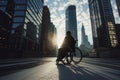 silhouette of man in wheelchair on the empty road on the city Royalty Free Stock Photo