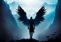 A man with wings stands on top of a mountain. AI Generated Royalty Free Stock Photo
