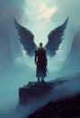 A man with wings stands on top of a mountain. AI Generated Royalty Free Stock Photo