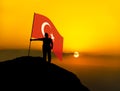 Silhouette man winner waving turkey flag on top of the mountain peak