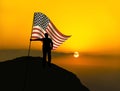 Silhouette man winner waving US flag on top of the mountain peak