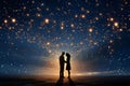 Silhouette of a man and woman couple in love against a background of sunset, dust stars. Against the background of the Royalty Free Stock Photo
