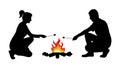 Silhouette of man with woman frying marshmallow on bonfire. Camping. Vector illustration