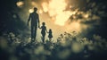 A silhouette of a man and woman holding hands with two children, AI Royalty Free Stock Photo