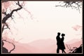 silhouette of a man and woman kissing under a tree Royalty Free Stock Photo