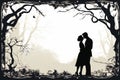 silhouette of a man and woman kissing in the woods Royalty Free Stock Photo