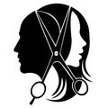 Silhouette of a man and a woman in the middle of the scissors. Design is suitable for logo, biber shop, hairdresser, decor, tattoo Royalty Free Stock Photo