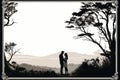 silhouette of a man and woman standing in front of trees Royalty Free Stock Photo