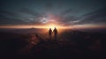 Silhouette of man and woman on top of mountain at sunset Royalty Free Stock Photo