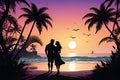 A silhouette of a man and a woman, with whimsical beach, palm tree, flying birds in sky, plants, romantic athmosphere, love scene Royalty Free Stock Photo