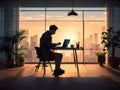 A silhouette of a man working with his laptop in his room Royalty Free Stock Photo