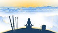 Silhouette of a man's body in a yoga lotus position with skis and a hiking backpack on a background of mountains. Vector Royalty Free Stock Photo