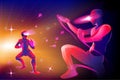 Silhouette mans wearing Virtual reality device VR and play hand to hand fighting combat karate, jujutsu, taekwondo in the vr