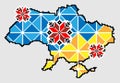 Silhouette map of Ukraine territory borders with Crimea in traditional Ukraine embroidery colors - blue, yellow, red and black. Pi