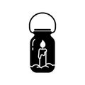 Silhouette Mason jar candle holder. Outline DIY lantern icon. Black simple illustration of cozy home decor, hanging street