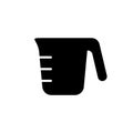 Silhouette Measuring cup with pour spout, handle. Outline icon of kitchen utensils. Black illustration of dish to measure liquid,