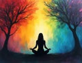 Silhouette meditates in lotus pose under vibrant rainbow trees. Artwork evokes peace, harmony, spiritual balance. Colorful Royalty Free Stock Photo