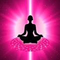 Silhouette of meditating person with crown chakra symbol background Royalty Free Stock Photo