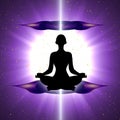 Silhouette of meditating person with third eye chakra symbol background Royalty Free Stock Photo