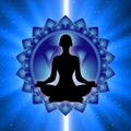 Silhouette of meditating person with throat chakra symbol background