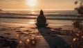 Silhouette meditating on serene beach at sunset generated by AI
