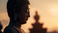 Silhouette of meditating statue at famous pagoda, backlit by sunset generated by AI