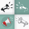 Silhouette megaphone horn loudspeaker vintage logo black and white, hand drawn doodle outline sketch, isolated flat design cartoon