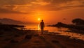 Silhouette of men jogging at sunset on beach generated by AI Royalty Free Stock Photo