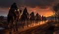 Silhouette of men riding horses in African sunset, an adventurous convoy generated by AI