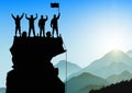 Silhouette of men standing on top of mountain with cheerful on sunrise background, achievement, victory and winning concept Royalty Free Stock Photo