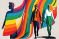 Silhouette of men and women collab with rainbow color art