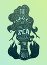 Silhouette of mermaid with inspirational quote. The voice of the sea speaks to the soul. Typography poster with hand drawn element Royalty Free Stock Photo