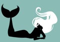 Silhouette of mermaid isolated with long mane lying with her face resting on one hand Royalty Free Stock Photo