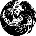 Silhouette mermaid among waves. Isolated figure of girl from fairytale.