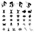 Silhouette of mermaids, mermaid tail, shells and aquatic animal,starfish ,corals, aquatic plants, crabs, octopus, seahorses,vector