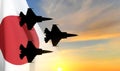 Silhouette of military aircraft against the sunset with Japan flag
