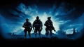 silhouette of military army platoon with weapon, infantry and commando team, special forces soldiers