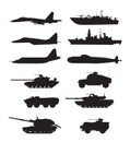 Silhouette of military machines support. Aircraft forces. Army vehicles and warships Royalty Free Stock Photo