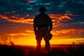 silhouette of a military soldier at sunset sun Royalty Free Stock Photo