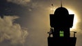 Silhouette of minaret of Sultan Muhammad V Mosque with photographer taking pictures in Labuan,Malaysia.