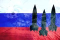 Silhouette of missiles on a background of the flag of Russia. Nuclear weapon  danger concept Royalty Free Stock Photo