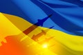 Silhouette of missiles on a background of the flag of Ukraine and the sun. Weapon concept.