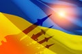 Silhouette of missiles on a background of the flag of Ukraine and the sun. Weapon concept.