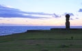 Silhouette of Moai with Pukao Hat of Ahu Ko Te Riku Ceremonial Platform, with Pacific Ocean in the Backdrop, Easter Island