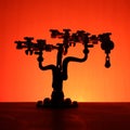 Silhouette of a model tree against an orange backgroun