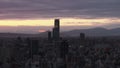 Silhouette of modern business tower against colorful sky. Abeno Harukas skyscraper above morning metropolis. Osaka