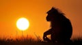A silhouette of a monkey at sunset, set against a backdrop of wild nature, Ai Generated Royalty Free Stock Photo