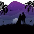 Silhouette moslem couple standing on nature landscape meadow coconut tree background moon light star flying bird at
