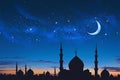 Silhouette mosque domes Crescent moon, stars on twilight sky background Royalty Free Stock Photo